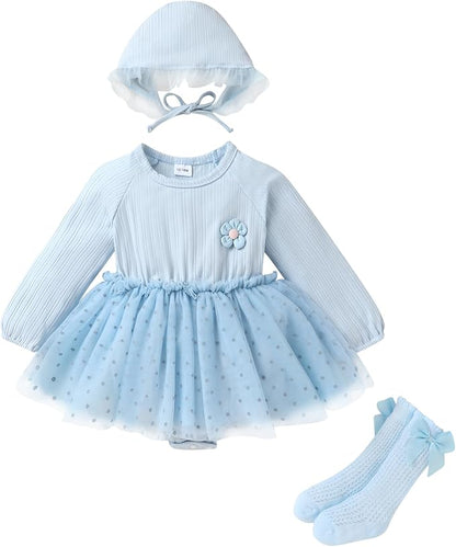 YOUNGER TREE Newborn Baby Girl Romper Dress Outfits Long Sleeve Floral Tutu Bodysuit with Leggings Hat Infant Fall Clothes