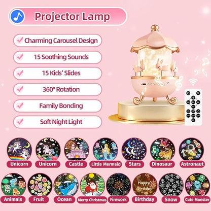 One Fire Princess Gifts for Girls Toys, 15 Music+15 Films+315 Colors Night Light Projector, 360°+Remote+Cordless Star Projector for Kids, Mermaid Gifts for Girls Room Decor, Pink Baby Toddler Toys