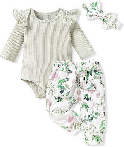 Aalizzwell Preemie Newborn Infant Baby Girls Clothes Ribbed Romper Bodysuit Pants Set Fall Winter Outfits