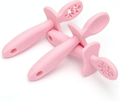 Growing Love Baby Spoons Set, Self Feeding 6 months, Pre-Spoon, Baby utensils, Toddler spoon, training spoon, cuchara bebe, blw, 100% silicone, Anti choke shield (pink)