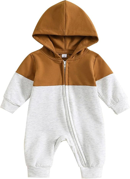 Newborn Baby Boy Fall Outfit Romper Long Sleeve Hooded Contrast Color Zipper Onesie Jumpsuit Bodysuit Infant Clothes