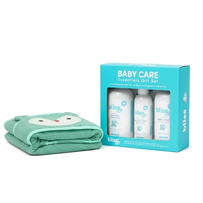 Bliss Baby Care Essentials Gift Set, Fragrance-Free - Baby Wash & Shampoo, Diaper Rash Cream, Baby Lotion & Hooded Bath Towel - Hypoallergenic, Dermatologist Tested, Clean & Vegan Baby Gift Set