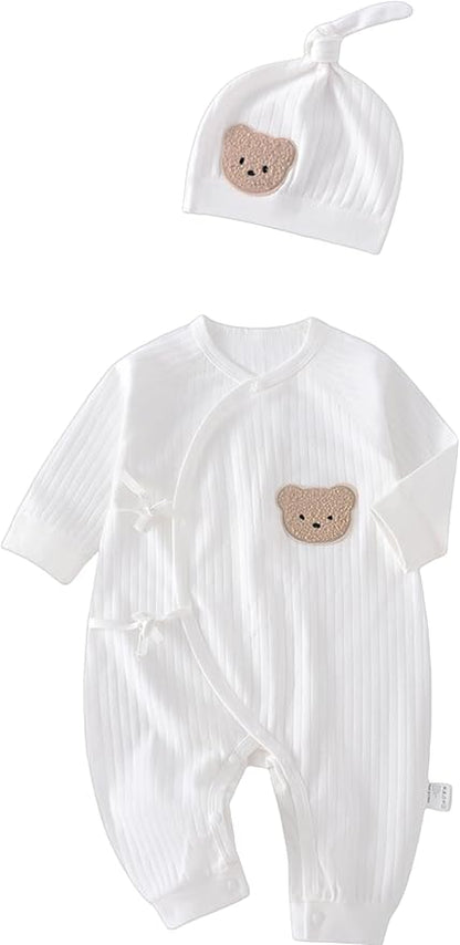 Baby Ribbed Romper and Hat Set with Bear Applique, 100% Cotton Infant Bodysuit, White, Long Sleeve