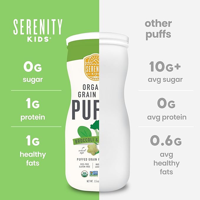Serenity Kids 6+ Months Grain-Free Allergen-Safe Toddler & Baby Puffs - No Grains, Gluten, Nuts, Rice - Organic Veggies, Legumes, Olive Oil Baby Snacks - 1.5 Ounce, Pack of 6, Broccoli & Spinach
