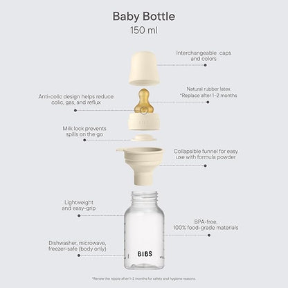 BIBS Baby Bottle 5 oz / 150 ml Natural Rubber Latex Nipple - Anti-Colic, BPA-Free, Round Nipple, Slow Flow, Lightweight & Easy to Clean, Suitable for Newborns 0+ Years - Ivory