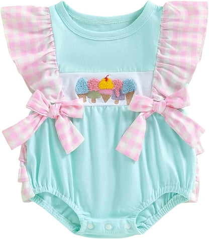 Newborn Outfits Baby Girl Clothes Summer Fly Sleeve Ice Cream Embroidery Romper Plaid Bow Ruffle Bodysuit Jumpsuit