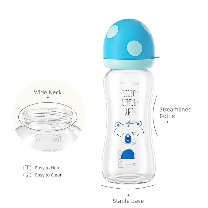 YOHKOH Natural Glass Baby Bottle with Level 2 Medium Flow Nipple, Newborn Anti-Colic Baby Bottles, Wide Neck Mushroom Baby Glass Bottle (8.8ounce (Pack of 4), Blue1)