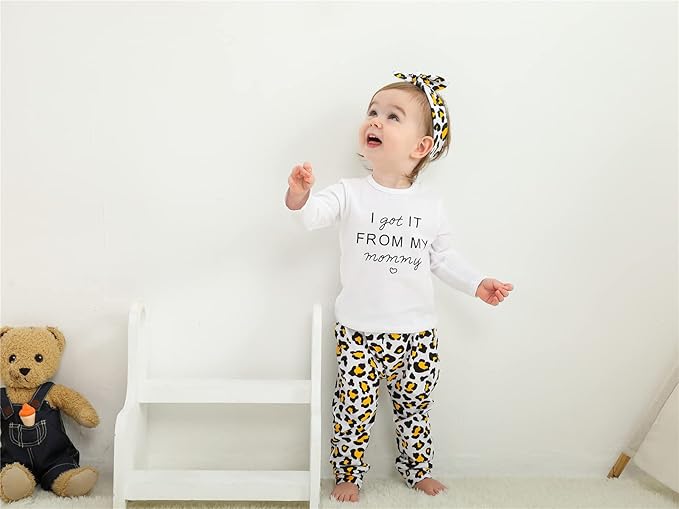 KuKitty 3Pcs Baby Girl Outfits Set Long Sleeve T-Shirt Tops Flowers Pants with Headband