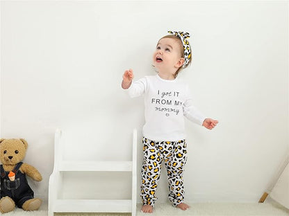 KuKitty 3Pcs Baby Girl Outfits Set Long Sleeve T-Shirt Tops Flowers Pants with Headband