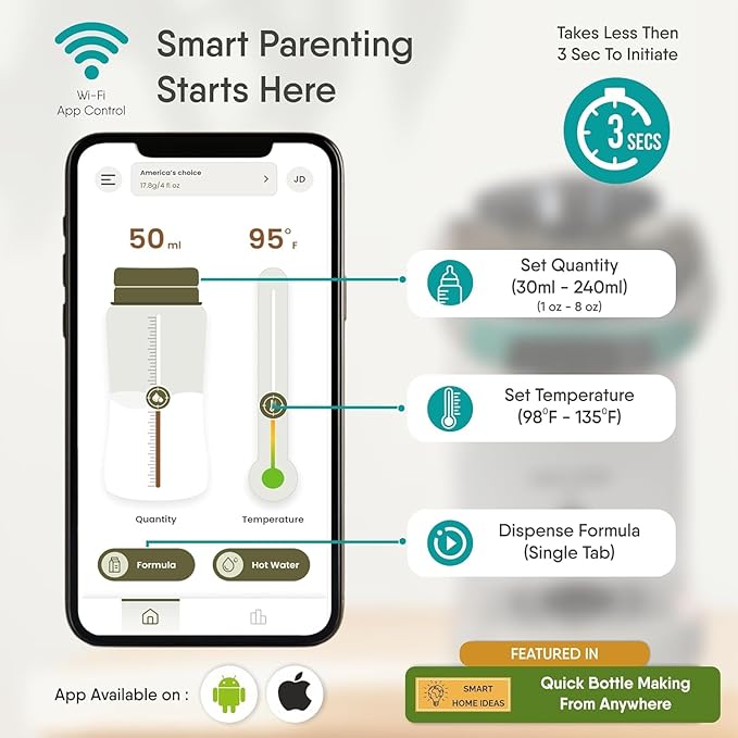 Formula Maker Machine - Upgraded Accurate Wifi Formula Dispenser with Inbuilt Sensors to Prevent Malnutrition - Instant Heating & Automatic Mixing - Quick Warm Bottle (Smart (App Control))
