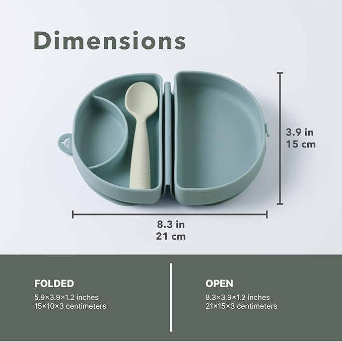 Miniware Fold & Scoop - Silifold Baby Feeding Set with Foldable Silicone Plate & Child-Sized Spoon - Compact, Portable, Dishwasher-Safe, Suction Base for Mess-Free Eating (Eucalyptus and Oat)