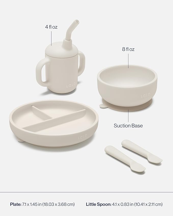 Lalo First Bites Silicone Baby Feeding Set - Baby Led Weaning Supplies - Non-Toxic Silicone - Includes 1 Bib, 2 Spoons, Training Cup, Suction Plate and Bowl - 6 Pieces - Oatmeal