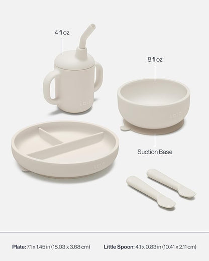 Lalo First Bites Silicone Baby Feeding Set - Baby Led Weaning Supplies - Non-Toxic Silicone - Includes 1 Bib, 2 Spoons, Training Cup, Suction Plate and Bowl - 6 Pieces - Oatmeal