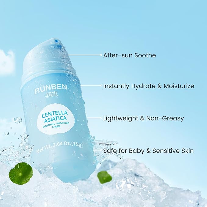 RUNBEN After Sun Gel with 70% Centella, Sunburn Relief for Face, Cooling & Soothing, Gentle for Sensitive Skin, Safe for Baby & Kids, Non-Fragrance (2.64 oz)