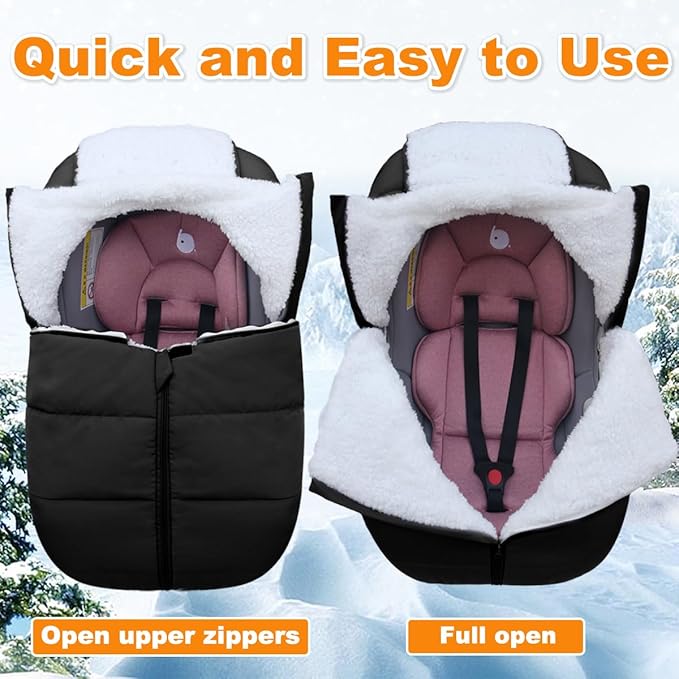 Winter Baby Car Seat Cover - Infant Carseat Bunting Bag Blanket Keep Baby Warm for Newborn Boys Girls- Cold Weather Insulated Windproof Carrier Canopy for Travel (Black)