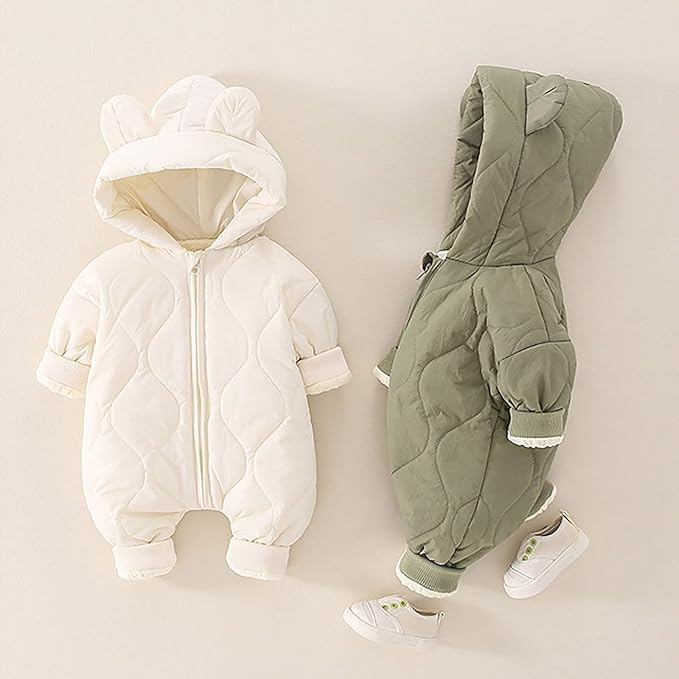 Infant Baby Padded Quilted Jumpsuit Cute Ears Hooded Puffer Jacket Coats Newborn Zip up Onesie Romper Winter Snowsuit