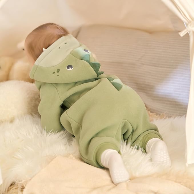 DAVE&BELLA Animal Jumpsuit for Baby Boy Girl, Hooded Winter One-Piece Romper Zip Up Fleece Infant Bodysuit with Snap Closure