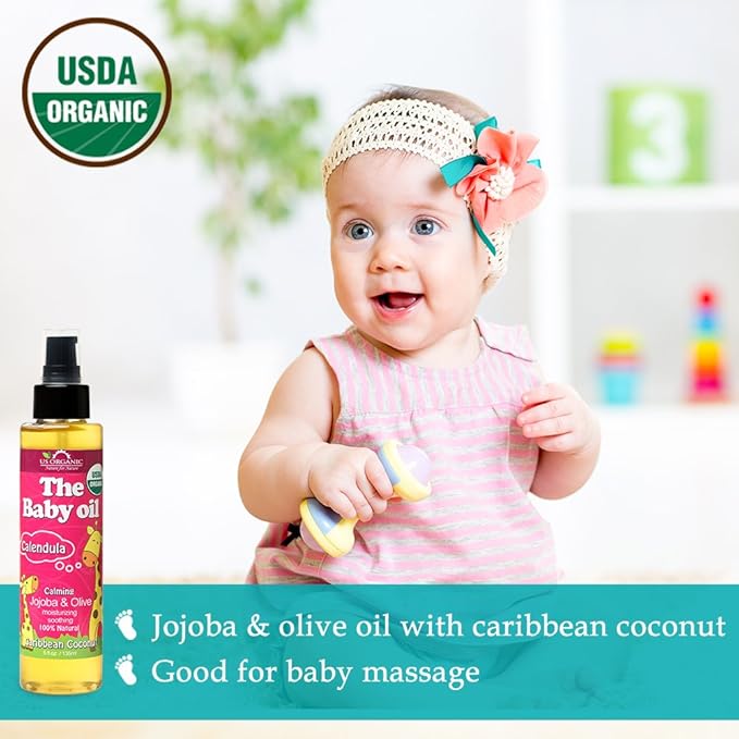 US Organic Baby Oil with Calendula, Smooth Caribbean Coconut, Certified Organic by USDA, Jojoba & Olive Oil with Vitamin E, No Alcohol, Paraben, Artificial Detergents, Color, Synthetic Perfume, 135ml