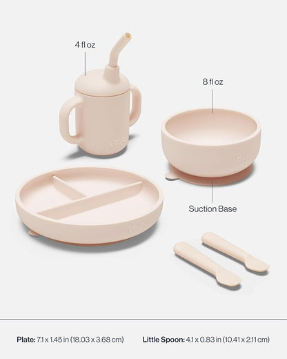 Lalo First Bites Silicone Baby Feeding Set - Baby Led Weaning Supplies - Non-Toxic Silicone - Includes 1 Bib, 2 Spoons, Training Cup, Suction Plate and Bowl - 6 Pieces - Grapefruit