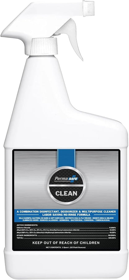 PermaSafe CLEAN 1-Step Disinfectant, Deodorizer & All-Purpose Cleaner; Soft, Hard & Food Surface Sanitizer; Kills 99.9% of Bacteria, Viruses, Molds - Child, Pet, Planet & All Surface Safe (32oz)