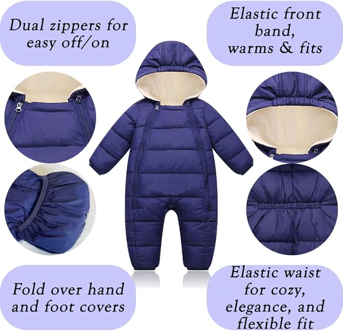 Infant Toddler Snowsuit Cute Newborn Winter Coat Warm Hooded Jumpsuit for Boys Girls 0-24 Months