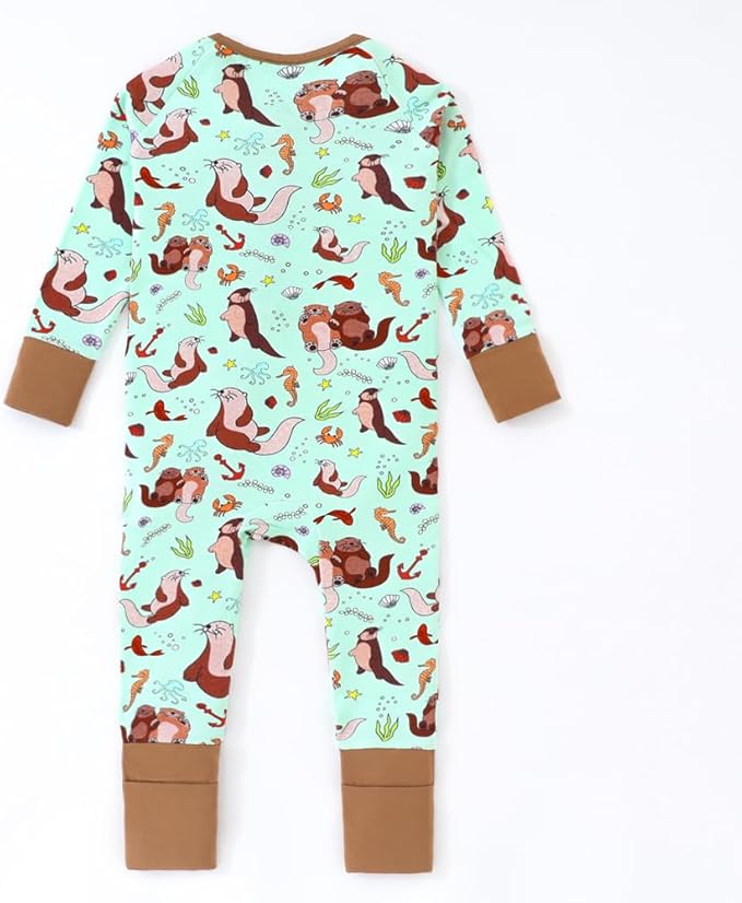 Seals Print Bamboo Fiber Baby Romper with 2 Way Zipper and Long Sleeve Romper for Boys and Girls