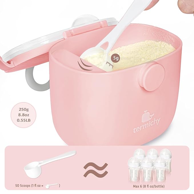 Termichy Baby Formula Dispenser, Portable Milk Powder Dispenser Container with Carry Handle and Scoop for Travel Outdoor Activities with Baby Infant, 8.8OZ, 0.55LB, 250g, 500ml (Pink)