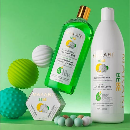 MAKARI Baby Care Bundle | Hypoallergenic Foaming Gel & Softness Care Baby Oil | Gentle Hair and Body Wash & Nourishing Oil for Sensitive, Delicate Skin