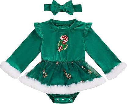 Hnyenmcko Newborn Baby Girl Christmas Clothes Infant Red Plaid Romper Dress Ruffle Long Sleeve Ribbed Bodysuit Headband Set
