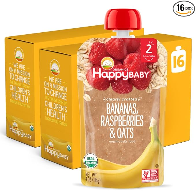 Happy Baby Organics Stage 2 Baby Food Pouches, Gluten Free, Vegan & Healthy Snack, Clearly Crafted Fruit & Veggie Puree, Bananas, Raspberries & Oats, 4 Ounces (Pack of 16)