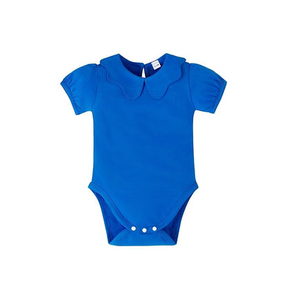 0-24M Infant Girls Ruffle Collar Romper Baby Girl Solid Color Bodysuit Casual Jumpsuit (Blue Short, 6-9 Months)