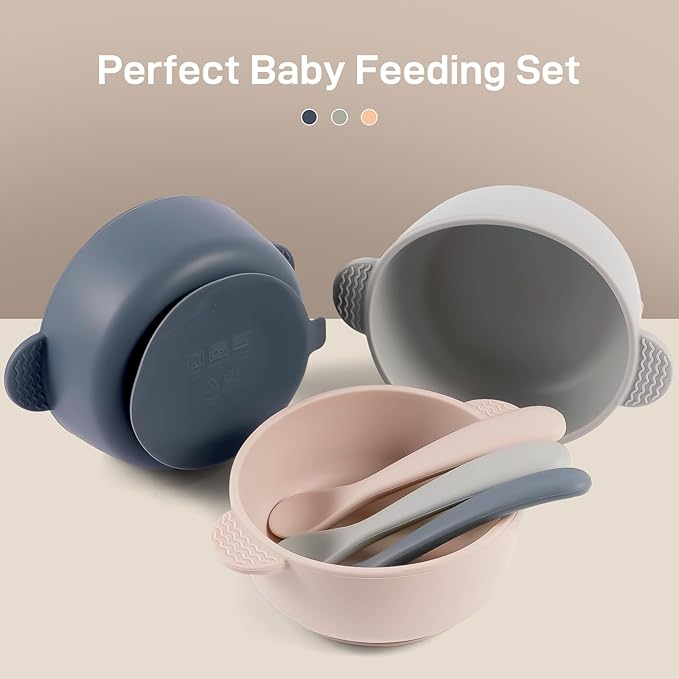 Silicone Baby Feeding Set, 3 Pack Baby Bowls with Suction and 3 Pack Baby Spoons for Babies Toddlers Kids, BPA Free, Baby Utensils Feeding Supplies, Microwave and Dishwasher Safe