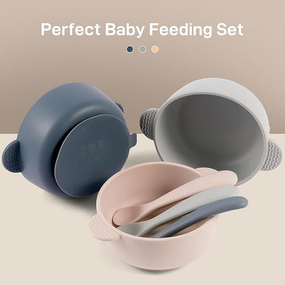 Silicone Baby Feeding Set, 3 Pack Baby Bowls with Suction and 3 Pack Baby Spoons for Babies Toddlers Kids, BPA Free, Baby Utensils Feeding Supplies, Microwave and Dishwasher Safe