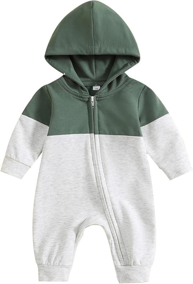 BemeyourBBs Newborn Baby Boy Clothes Color Block Long Sleeve Zipper Hooded Romper with Pocket Fall Winter One Piece Outfits