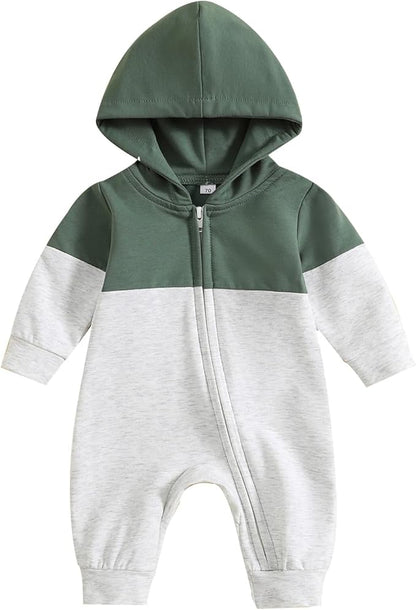 BemeyourBBs Newborn Baby Boy Clothes Color Block Long Sleeve Zipper Hooded Romper with Pocket Fall Winter One Piece Outfits