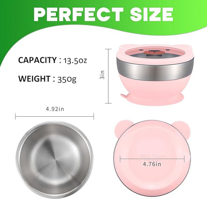 Suction Bowl and Spoon Set for Babies and Toddlers Non-Slip Silicone Suction Cups, Advanced 304 Stainless Steel Bowls, Double-Layer Insulation, and BPA-Free Lids Food-Grade Safety PINK