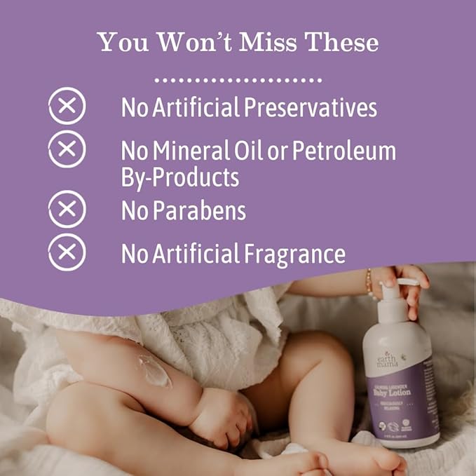 Earth Mama Calming Lavender Baby Lotion for Dry Skin, Calendula Cream for Newborn Skin Care, Organic Moisturizer for Children with Aloe Juice, Rooibos, & Shea Butter, Lavender Lotion, 8 Fl Oz