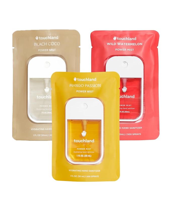 Touchland Hydrating Hand Sanitizer Spray, TROPICAL Trio Set (Mango Passion, Beach Coco, Watermelon), 1 FL. OZ. Travel Size Power Mist Sprays (Set of 3)