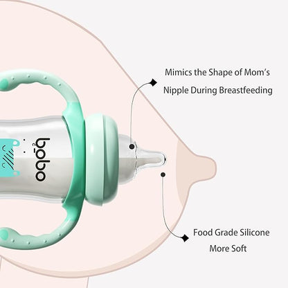 YOHKOH Natural Glass Baby Bottle with Natural Response Nipple, Wide Neck Baby Bottles with Handle, Newborn Anti-Colic Baby Bottles Gift Set, Clear (5.4oz (Pack of 4), Blue)