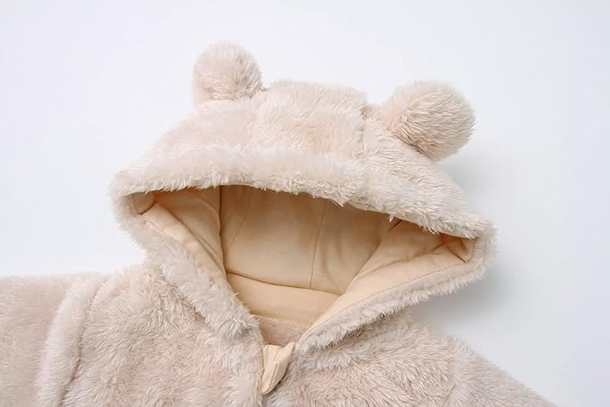 Baby Furry Jumpsuit Infant Bear Onesies Zipper Long Sleeve One-Piece Romper Hoodie Baby Outwear Snowsuit