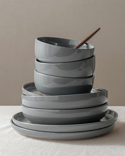 Famiware Milkyway Stoneware Dinnerware Sets with Mugs, Service for 4 (16pcs), Plates and Bowls Sets, Scratch Resistant, Microwave and Dishwasher Safe Dishes Set, Dark Gray