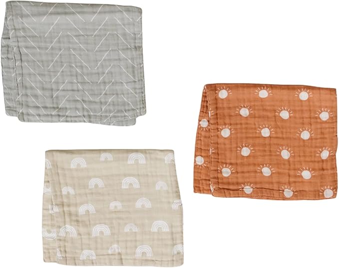 Mebie Baby Burp Cloths, Neutral Print 3-Pack, Muslin Burp Cloth Set for Spit Up, Drool, and More, Boho Burp Cloths for Baby Boy and Girl, Baby Must Haves for Registry