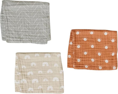 Mebie Baby Burp Cloths, Neutral Print 3-Pack, Muslin Burp Cloth Set for Spit Up, Drool, and More, Boho Burp Cloths for Baby Boy and Girl, Baby Must Haves for Registry