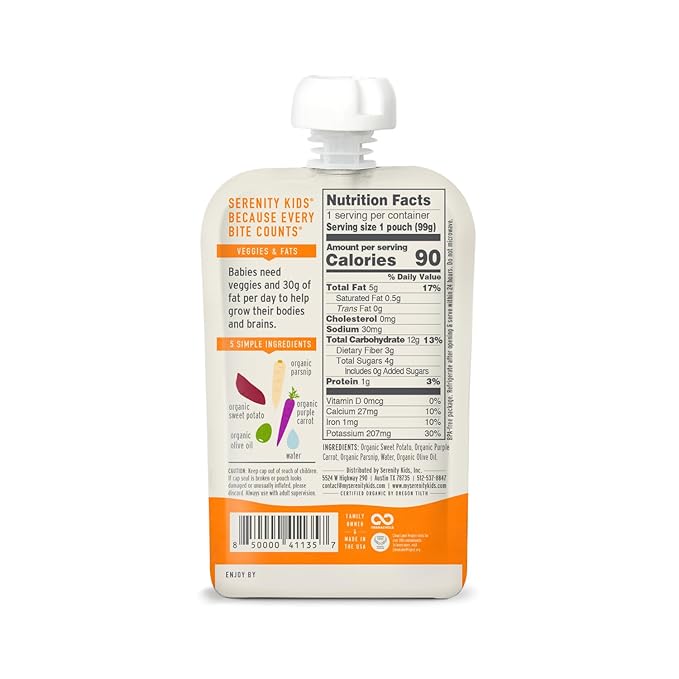 Serenity Kids 6+ Months USDA Organic Veggie Puree Baby Food Pouches | No Sugary Fruits or Added Sugar | Allergen Free | 3.5 Ounce BPA-Free Pouch | Sweet Potato & Parsnip | 1 Count