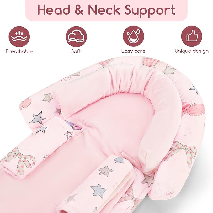 GFU Baby Car Seat Head Support for Newborn, 2 in 1 Infant Car Seat Head Body Support with Strap Pads, Soft Stroller Cushion Pillow Insert for Girls, Fits for Stroller, Swing, Pink Stars