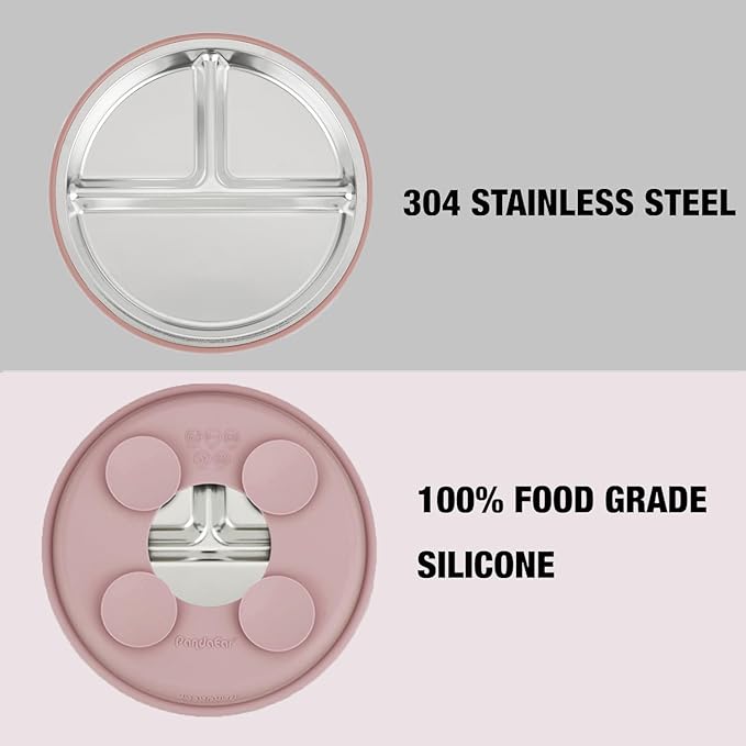 PandaEar 2 Pack Stainless Steel Baby Suction Plates & 2 Pack Spoons and Forks Set, Toddler Utensils Baby Feeding Set, Divided Plates for Baby Led Weaning Supplies, BPA-Free (Pink)