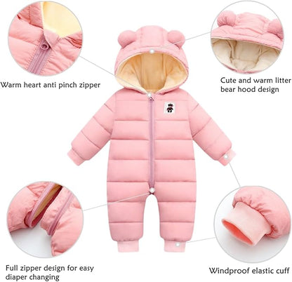 Unisex Baby Snowsuit Infant Cute Bear Hooded Winter Warm Flannel Lining Romper