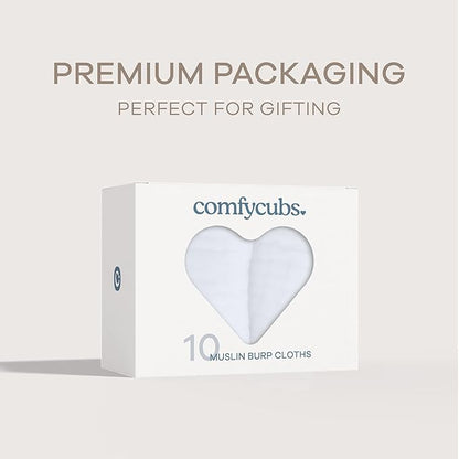 Comfy Cubs Muslin Burp Cloths 20" x 10", Pack of 10 - Large, 6-Layer, Ultra Absorbent 100% Cotton for Baby Drool and Messes - Soft, Safe & Gentle Baby Burp Cloths for Boys & Girls - White