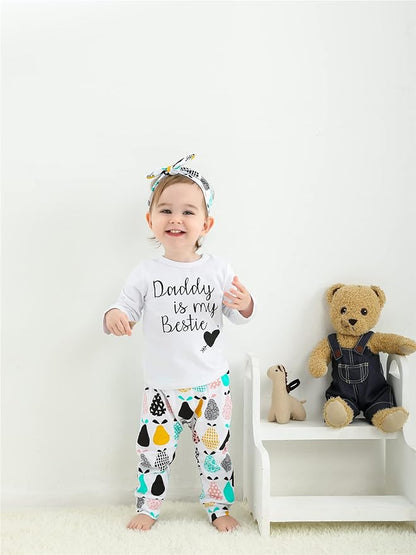 KuKitty 3Pcs Baby Girl Outfits Set Long Sleeve T-Shirt Tops Flowers Pants with Headband