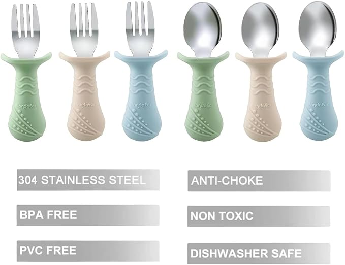 PandaEar Baby Toddler Fork and Spoon Utensil Set, 6 Pack Silicone Stainless Steel Silverware Spoon Fork for Babies Toddler, BPA Free with Silicone Holding Anti-Choke Design (Green Blue Brown)
